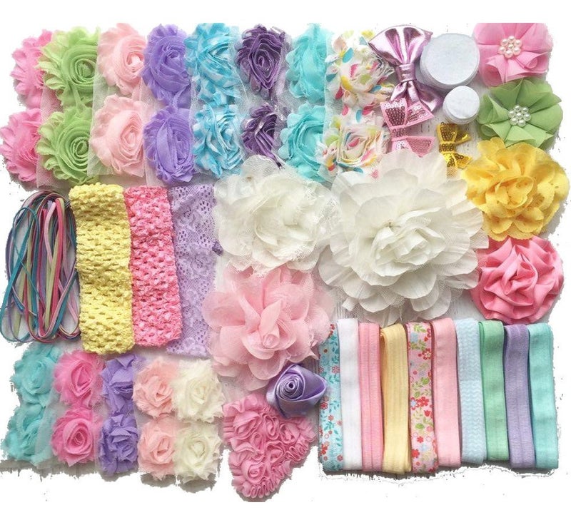 Bowtique Emilee Springtime Pastels DIY Baby Shower Headband Kit - Makes 30 Headbands, Includes 35 Flowers, 15 Yards of Elastic, Felt Circles, Embellishments, Bows and More
